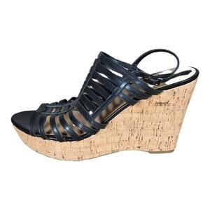 Womens Franco Sarto Sombre Shoes Cork Wedge Sandal Black Leather Size 9.5 M EUC
